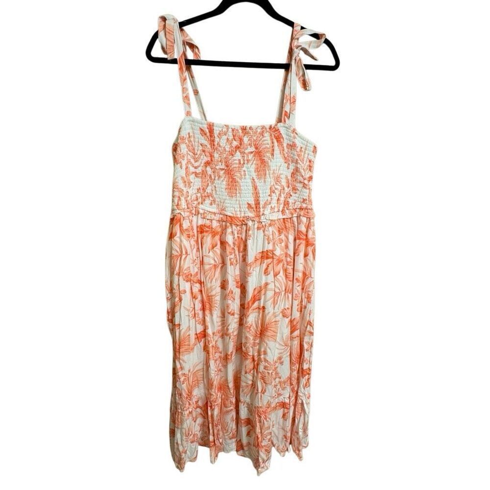 Torrid Coral‎ Orange Tropical Midi Smocked Tie Strap Vacation Luau Dress 1X NWT